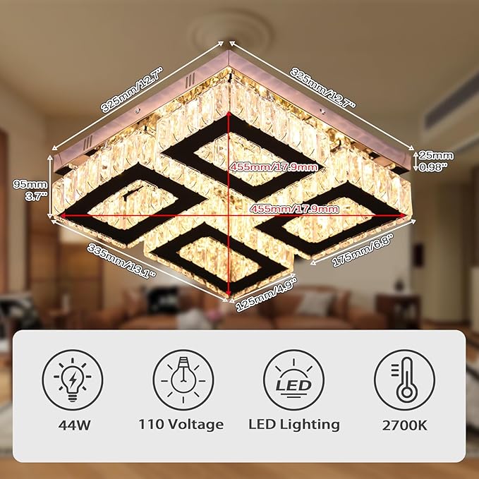 13.1'' Square Crystal Chandelier Light Modern Crystal Ceiling Light Flush Mount Ceiling Lamps for Dining Room Living Room Bedroom Hallway Warm White