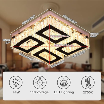 13.1'' Square Crystal Chandelier Light Modern Crystal Ceiling Light Flush Mount Ceiling Lamps for Dining Room Living Room Bedroom Hallway Warm White
