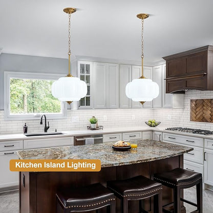 Milk Glass Pendant Light, 15in Large Schoolhouse Light Fixture, LED Bulb Included, Vintage Art Deco Chandelier for Kitchen Island Dining Room Bedroom Hallway, White & Antique Gold 1 Pack