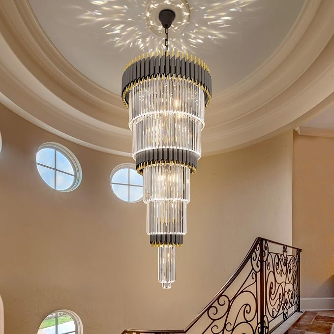 Large Black and Gold Crystal Chandelier, 24" 5-Tier Crystal Chandeliers for High Ceiling, Adjustable Height Pendant Light for Foyer, Villa, Staircase, Entryway