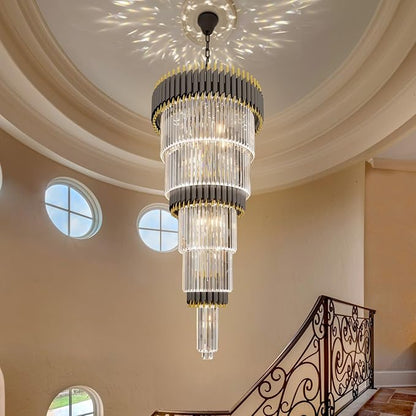 Large Black and Gold Crystal Chandelier, 24" 5-Tier Crystal Chandeliers for High Ceiling, Adjustable Height Pendant Light for Foyer, Villa, Staircase, Entryway