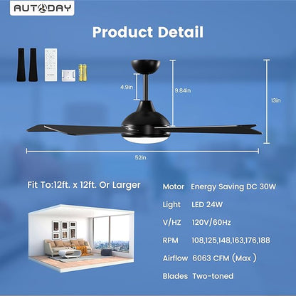 52 Inch Ceiling Fans with Lights and Remote - Black Ceiling Fan with Light, Quiet Reversible DC Motor, Dimmable Tri-Color LED, 5 Blades, Modern Indoor/Outdoor Ceiling Fans for Patios Bedroom