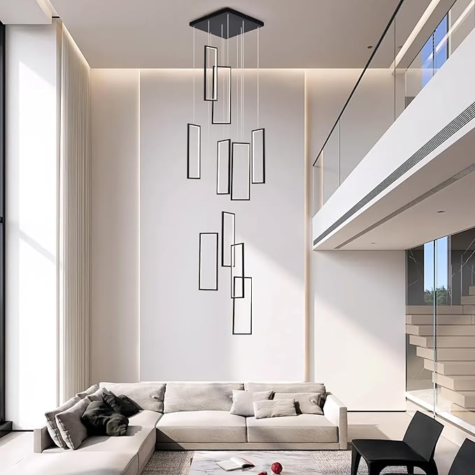 GEADI Modern Foyer Chandelier for High Ceilings,10 Rectangle Dimmable Led High Ceiling Chandelier with Remote Control,Black Large Staircase Pendant Light Fixture for Entryway（3000-6500K）