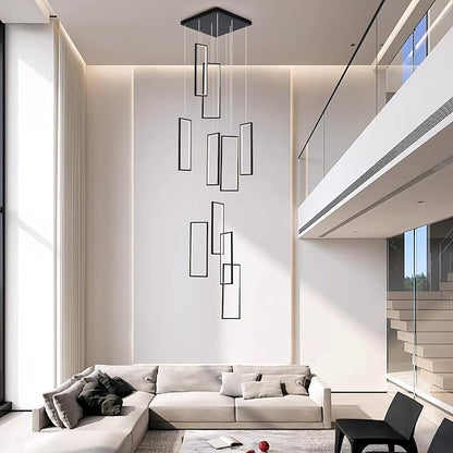 GEADI Modern Foyer Chandelier for High Ceilings,10 Rectangle Dimmable Led High Ceiling Chandelier with Remote Control,Black Large Staircase Pendant Light Fixture for Entryway（3000-6500K）