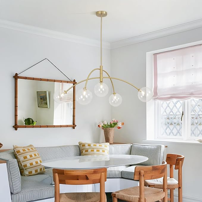 5 Light Modern Brass Chandelier Fixture White Clear Globe Glass Shade Pendant Light Gold Kitchen Ceiling Large Chandelier for Dining Room Kitchen Bedroom