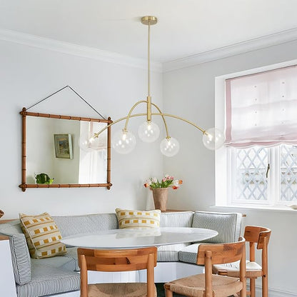 5 Light Modern Brass Chandelier Fixture White Clear Globe Glass Shade Pendant Light Gold Kitchen Ceiling Large Chandelier for Dining Room Kitchen Bedroom