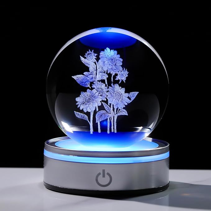 Arikyrist Crystal 3D Sunflower Bouquet 3.15in Ball Figurine Gifts for Women, Glass Floral Art Sphere for Room with LED Light Base Keepsake for Flower Lovers Home Decor Paperweight