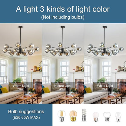 DDLLDESHI 16 Light Chandelier Sputnik Ceiling Light Fixture with Glass Globe Bubble Black Chandeliers for Dining Room Bedroom Kitchen Office Living Room Light Fixture（41" Art Deco Modern Chandelier）