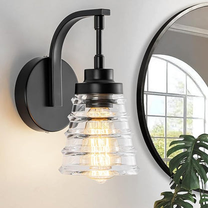 Modern Black Wall Sconce Light, 1-Light Bathroom Vanity Light with Clear Glass Shade for Mirror, Indoor Wall Mounted Fixture for Bedroom, Hallway, Entryway