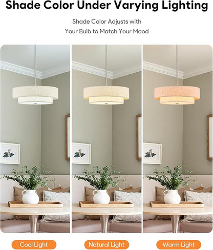 VONLUCE Modern Chandeliers, 18" Drum Chandeliers with 2-Layer Fabric Shade, 4-Light Pendant Light Fixture with E26 Base, Light Fixture for Dining Room Bedroom Living Room, Linen Shade & Nickel Finish