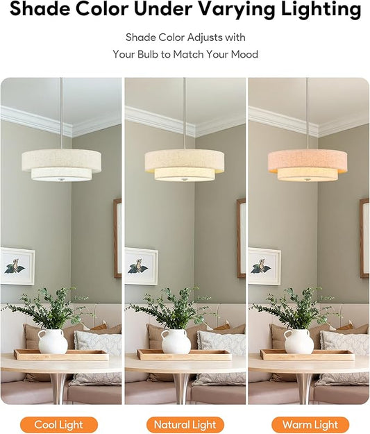 VONLUCE Modern Chandeliers, 18" Drum Chandeliers with 2-Layer Fabric Shade, 4-Light Pendant Light Fixture with E26 Base, Light Fixture for Dining Room Bedroom Living Room, Linen Shade & Nickel Finish
