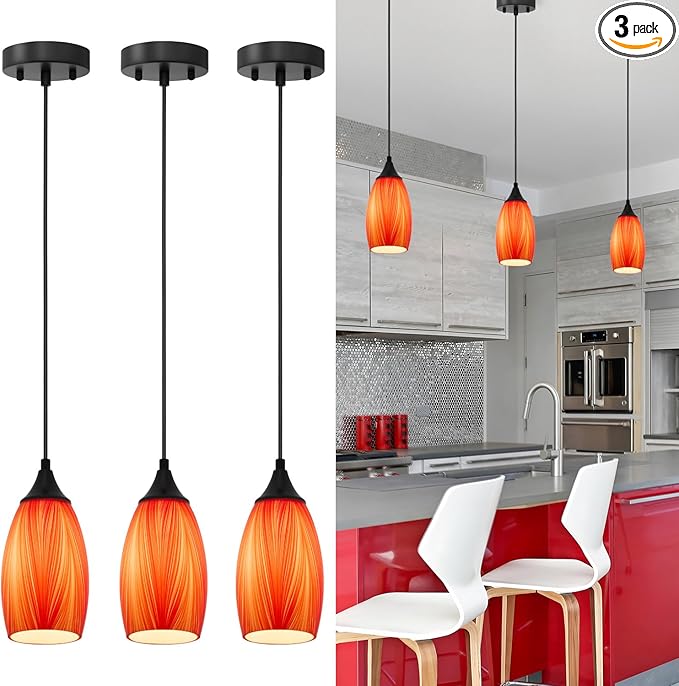 ANYLOVE Vintage Art Orange Pendant Lighting,3-Pack Hand Glass Hanging Light Fixture,Adjustable Cord for Kitchen,Hallway,Dining Room