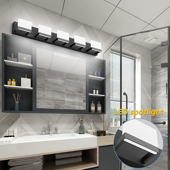 Tipace 5 Lights Modern Black Vanity Light Up and Down Black LED Vanity Light Fixtures Bathroom Wall Light Over Mirror 6000K