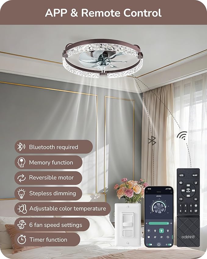 EDISHINE 20'' Ceiling Fans with Lights and Remote, LED Low Profile Fan Light, 3000-6000K Dimmable, 6 Speeds Flush Mount Ceiling Fan, DC Motor, APP Control, Modern Fandelier for Bedroom, Brown