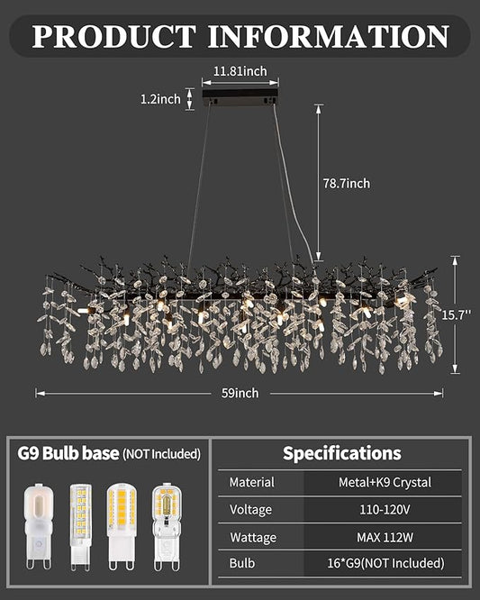 Modern Tree Branch Chandelier for Dining Room, 16 Lights Rectangular 59" Crystal Black Chandeliers for Kitchen Island Dining Room Living Room