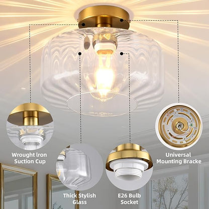 Gold Semi Flush Mount Ceiling Light, Luxury Close to Ceiling Light Fixtures with Transparent Glass Shade, Round Light Fixtures Ceiling Mount for Bathroom Dining Room Bedroom Living Room Hallway, E26