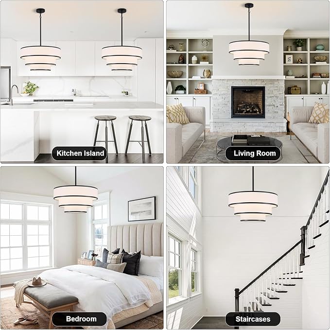 Drum Chandelier for Dining Room, 5-Light Modern Black Chandelier with White Fabric Shade, 20" Hanging Linen Drum Pendant Ceiling Light Fixture for Kitchen Island Bedroom Living Room