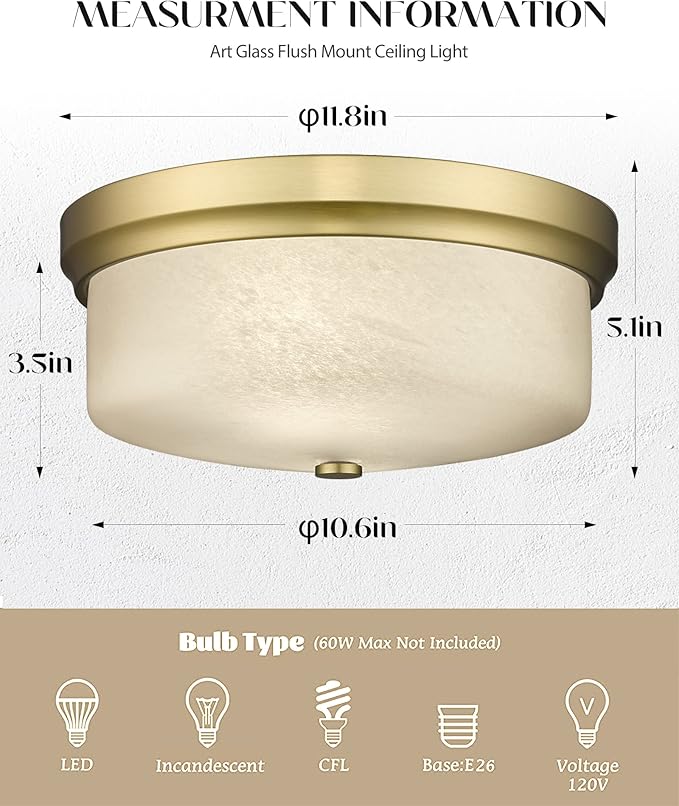 Close to Ceiling Light, 12inch Flush Mount Ceiling Light Fixture, Metal Gold Finish with Handmade White Marble Art Glass Shade for Bedroom Living Room Hallway Kitchen Laundry