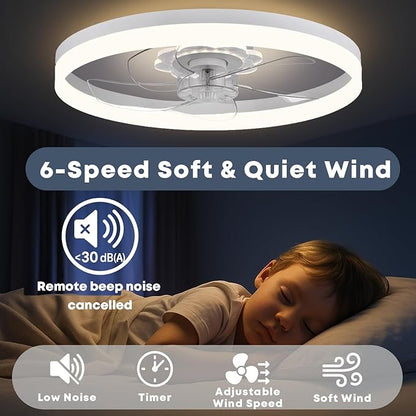 Fszdorj 20‘’ Ceiling Fan with Light, Upgraded Low Profile Fan, Flush Mount Ceiling Fan, 6 Speeds, Dimmable LED, App & Remote Control, Quiet DC Motor, for Bedroom, Living Room, F115 White