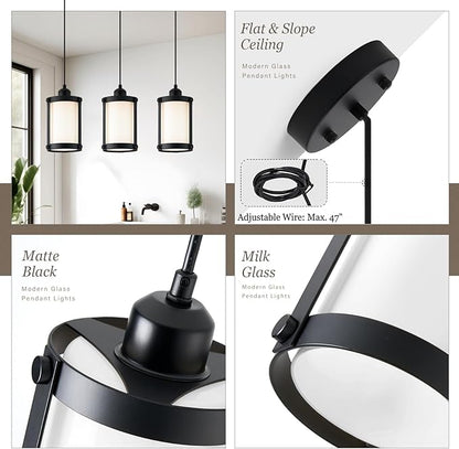 Black Pendant Lights Kitchen Island, 1-Light Modern Mini Hanging Light Fixtures with Milk Glass, Farmhouse Kitchen Pendant Lighting Over Island for Sink Dining Room, OS-3014-1PBKW