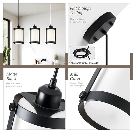 Black Pendant Lights Kitchen Island, 1-Light Modern Mini Hanging Light Fixtures with Milk Glass, Farmhouse Kitchen Pendant Lighting Over Island for Sink Dining Room, OS-3014-1PBKW