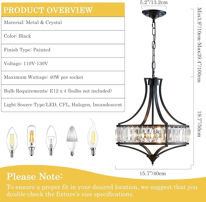 Crystal Chandeliers for Dining Room, Modern Black Crystal Chandelier Light Fixture, Round Rustic Farmhouse Hanging Light for Living Room Kitchen Hallway Bedroom Foyer, 15.7 Inch, 4-Light
