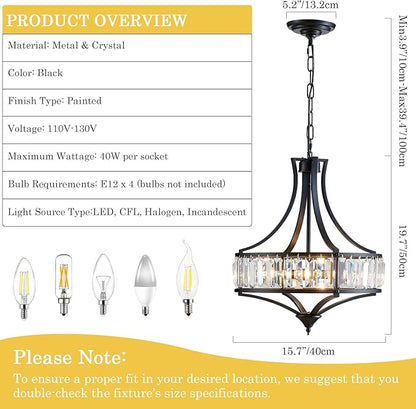 Crystal Chandeliers for Dining Room, Modern Black Crystal Chandelier Light Fixture, Round Rustic Farmhouse Hanging Light for Living Room Kitchen Hallway Bedroom Foyer, 15.7 Inch, 4-Light