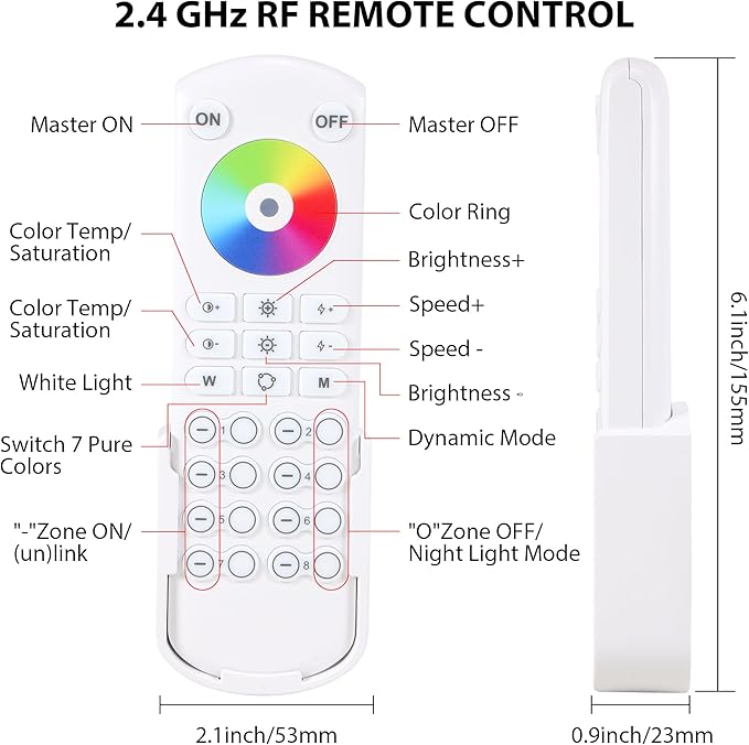 RC05RF RF Remoter, 8-Zone 2.4G Handheld Remote Control Work with RGBCCT RGBW CCT RGB LED Controller (WB5/LM052/LM053), 500ft Wireless Control / 4 Channel Group Control for Home LED Strip Lights