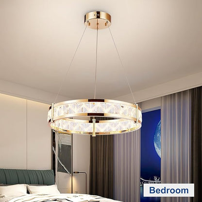 Depuley Modern LED Crystal Chandeliers: 19.7" Ring Chandelier Hanging Crystal Ceiling Light Fixture - 42W Adjustable Height Pendant Light for Living Room Dining Room Bedroom Foyer