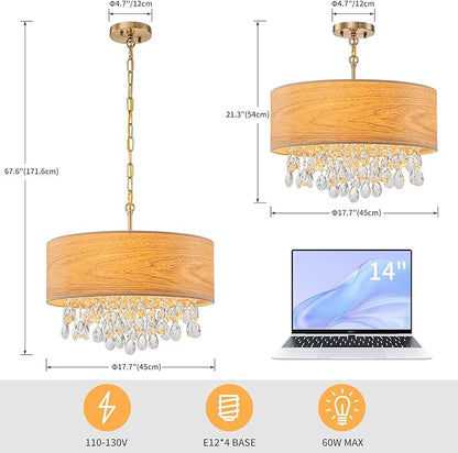 LumFurn D18inch Drum Wood K9 Crystal Chandeliers, 4-Light Boho Style Pendant Light Fixture for Dining Room, Living Room, D18 x 21~68"(Adjustable), Solid Wood Lampshade & Gold Finish