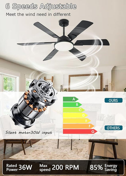 JSAITEE 52 Inch Low Profile Ceiling Fan with Lights, Remote & APP Control, 3CCT Dimmable, 6 Blades 6 Speed Ceiling Fans, Quiet Reversible DC Motor, Modern Black Ceiling Fan for Bedroom Living Room