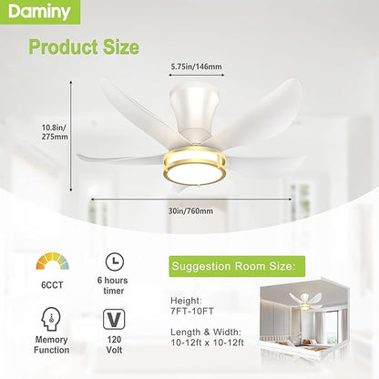 DAMINY 30 Inch White and Gold 5 Blade Ceiling Fan with Light, Modern Ceiling Fan with Remote,Large Airflow,Flush Mount,6CCT,Dimmable,Noiseless,Bedroom