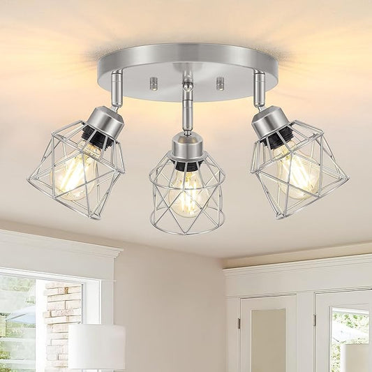 Baocuz 3-Light Brushed Nickel Semi Flush Mount Ceiling Light, Adjustable Kitchen Light Fixtures Ceiling Mount E26 Base Multi-Directional Silver Ceiling Spot Lights for Hallway Farmhouse Foyer