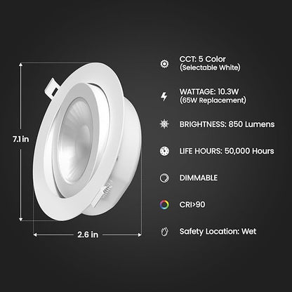 Feit Electric 6" LED Canless Directional Recessed Downlights w/Integrated J-Box, 65W Equivalent, Dimmable, 5CCT Adjusttable White, 850 Lumens, 50,000-Hour Lifetime, LEDR6XT/ADJ/6WYCA/4, 4-Pack