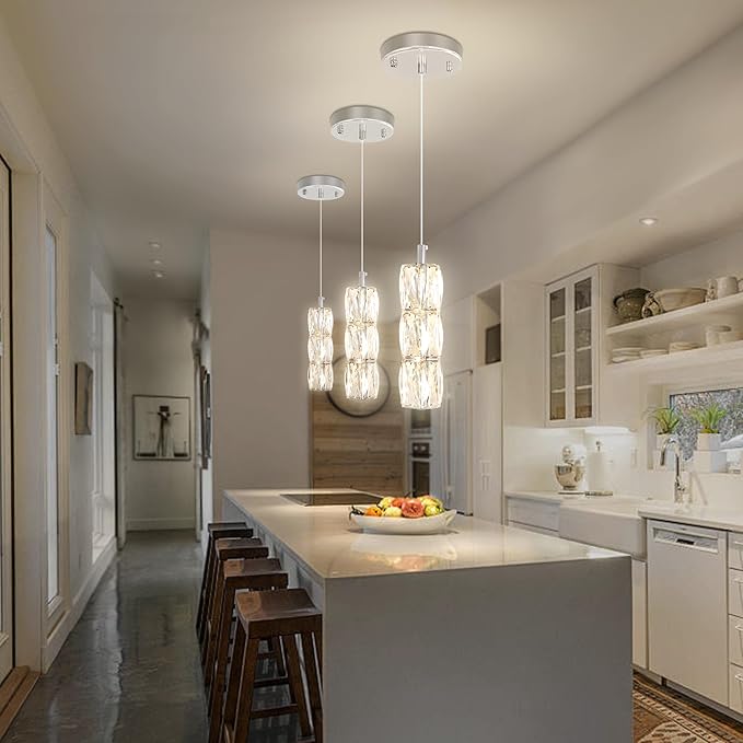 ykolupty Pendant Lights Kitchen Island Single Head Chrome Crystal Island Lights Dining Foyer Entrance Modern Chandeliers LED Dimmable 2700-6000K