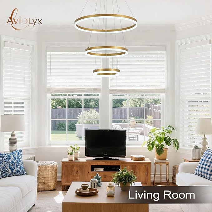 3 Rings Modern LED Chandelier Gold High Ceiling Ring Chandeliers with Remote Control Circular Pendant Light Dimmable for Dining Room Living Room Bedroom Foyer Entryway 3000K-6500K