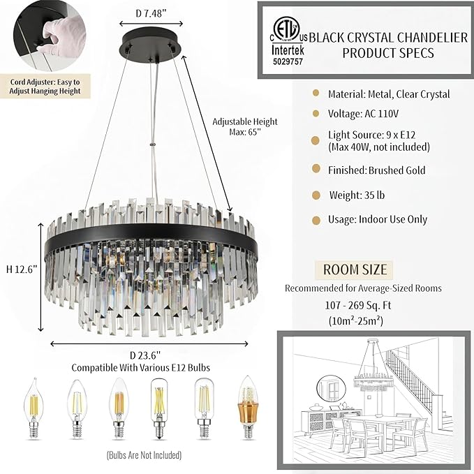 Modern Luxury Black Crystal Chandelier, 9-Light 2-Tier Round Raindrop Adjustable Flush Mount Pendant Light for Dining Room,Living Room,Kitchen,Entryway, Foyer - 23.6" D, E12 Base