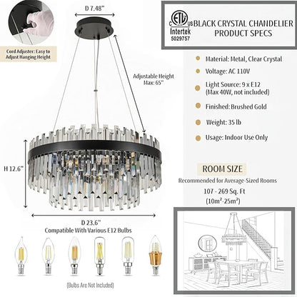 Modern Luxury Black Crystal Chandelier, 9-Light 2-Tier Round Raindrop Adjustable Flush Mount Pendant Light for Dining Room,Living Room,Kitchen,Entryway, Foyer - 23.6" D, E12 Base