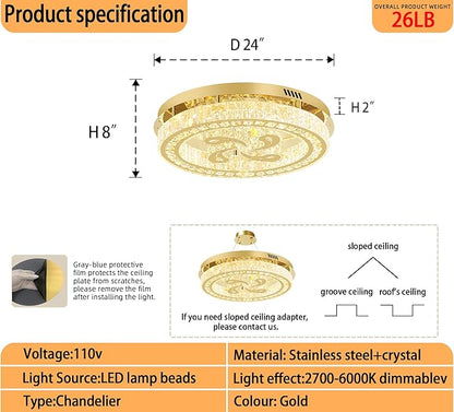 24'' Gold Modern Crystal Chandelier LED Dimmable Flush Mount Crystal Ceiling Light for Living Room Bedroom Dining Room