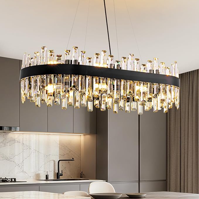 Modern Black Crystal Chandelier, 16-Light Rectangular 2-Tiers K9 Crystal Raindrop Chandelier, Luxury Flush Mount Hanging Ceiling Light for Dining Room Living Room Kitchen Island L35.4''