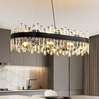 Modern Black Crystal Chandelier, 16-Light Rectangular 2-Tiers K9 Crystal Raindrop Chandelier, Luxury Flush Mount Hanging Ceiling Light for Dining Room Living Room Kitchen Island L35.4''