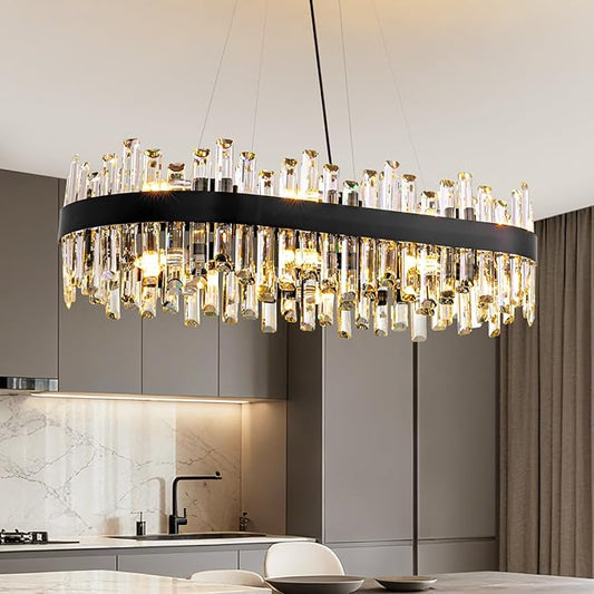 Modern Black Crystal Chandelier, 16-Light Rectangular 2-Tiers K9 Crystal Raindrop Chandelier, Luxury Flush Mount Hanging Ceiling Light for Dining Room Living Room Kitchen Island L35.4''