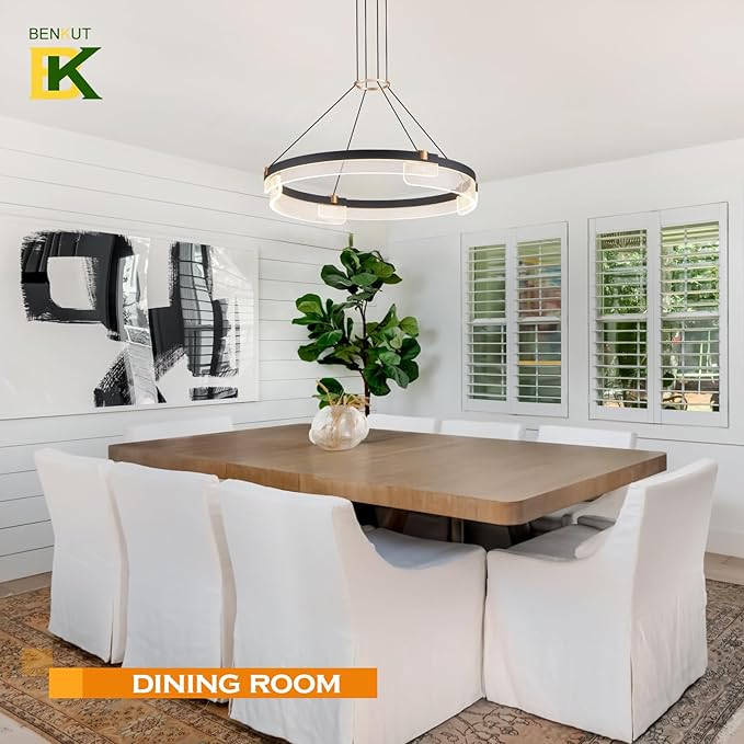Benkut Modern LED Pendant Light Dimmable Black LED Chandelier for Dining Room Pendant Light Fixture Over Table Modern Chandelier Kitchen Island Living Room Entryway, 24 inch 3000K-6500K