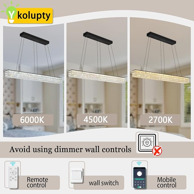 ykolupty 48inch Black Linear Crystal Chandelier, Modern Rectangular Crystal LED Pendant Light,Linear Crystal Chandelier for Dining Room Kitchen Island Living Room