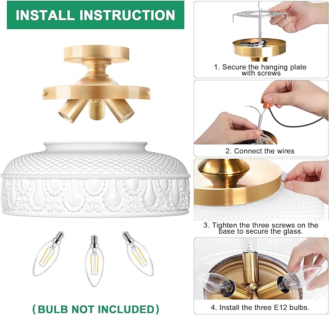 Lamomo Semi Flush Mount Ceiling Light,12 Inch White Glass Shade Gold Hallway Light Fixture,3 Light Globe Glass Close to Ceiling Scone,Indoor Hanging Light for Bedroom Kitchen Porch Hallway