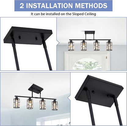 MEXO Crystal Pendant Light Fixture for Kitchen Island Dining Room, Farmhouse Chandelier Matte Black Close to Ceiling Lightings Over Table