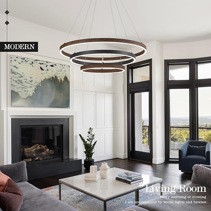 LED 3 Ring Chandelier Dining Room Modern Black Chandelier with Remote Control Dimmable High Ceiling Pendant Light for Entry Foyer Living Room Bedroom Kitchen Island, 75W