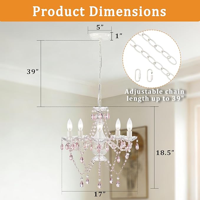 Small Pink and White Girls Bedroom Light – 5-Light Modern Acrylic Crystal Ceiling Fixture, Mini Chandelier for Kids Room, Dining Room, Living Room, Foyer