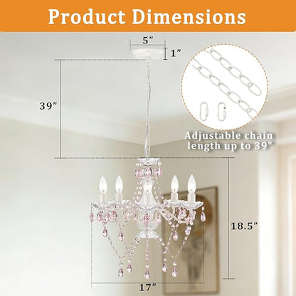 Small Pink and White Girls Bedroom Light – 5-Light Modern Acrylic Crystal Ceiling Fixture, Mini Chandelier for Kids Room, Dining Room, Living Room, Foyer