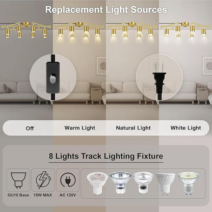 Plug in Track Lighting, LED Track Lighting Fixtures Ceiling Kit, Gold 8-Light Ceiling Light Plug-in, Wall Light with 15ft Power Cord, Rotatable Kitchen Spotlight for Bedroom(GU10 Socket, NO Bulb)